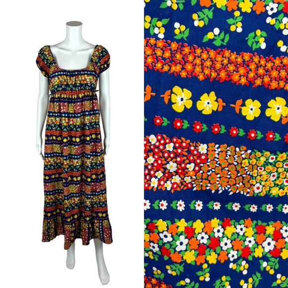 Vintage 70s Floral Dress Women's Small Multicolored Prairie Boho Summer Cotton L